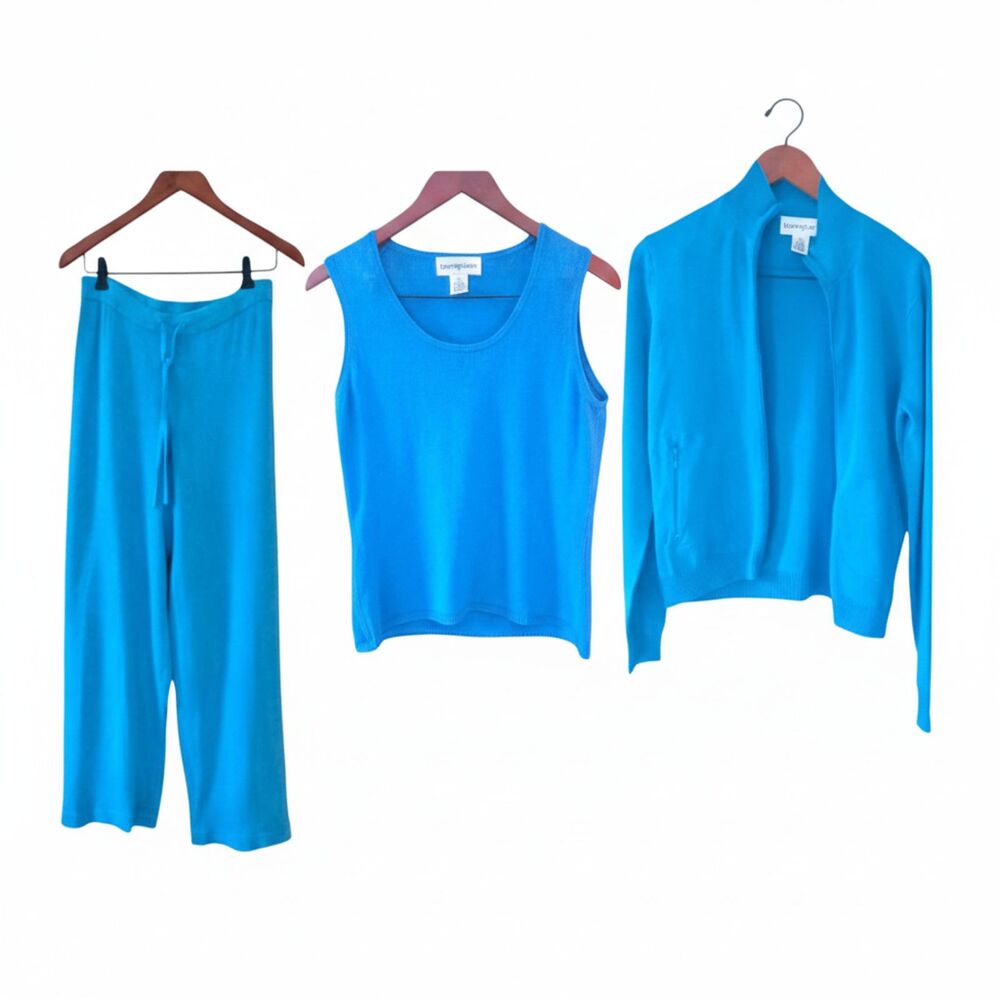 Vtg Bloomingdale's Blue Silk Linen 3 Piece Set M Jacket Pants Top Luxury - Picture 2 of 15
